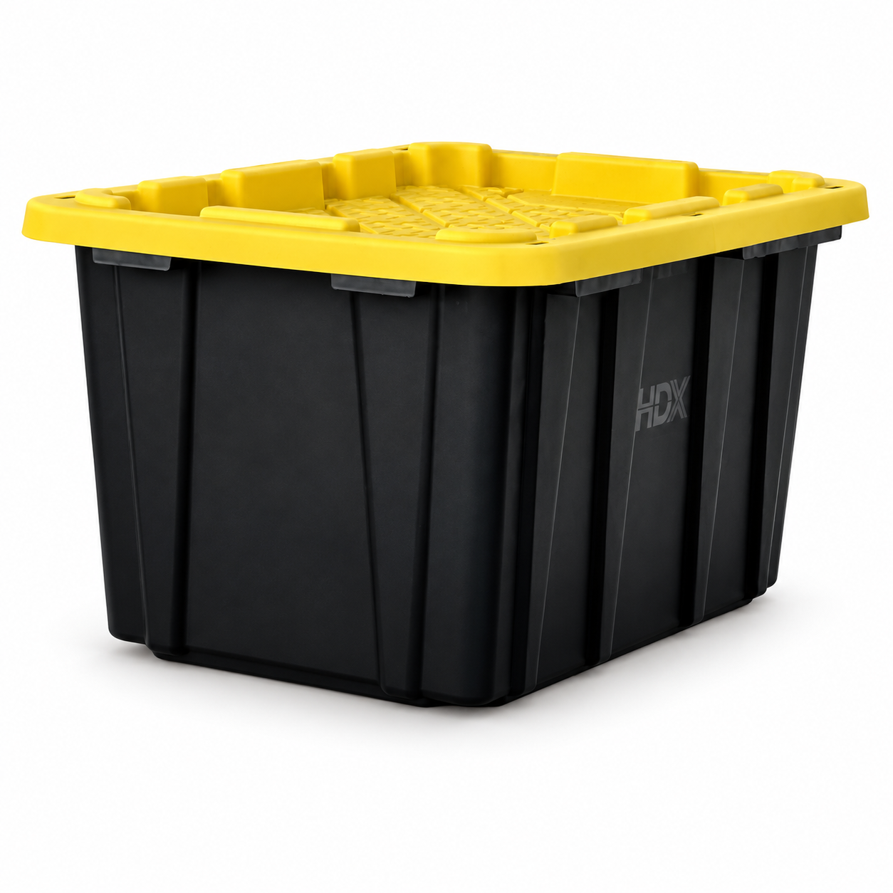 A black 27-gallon moving tote with a yellow lid.