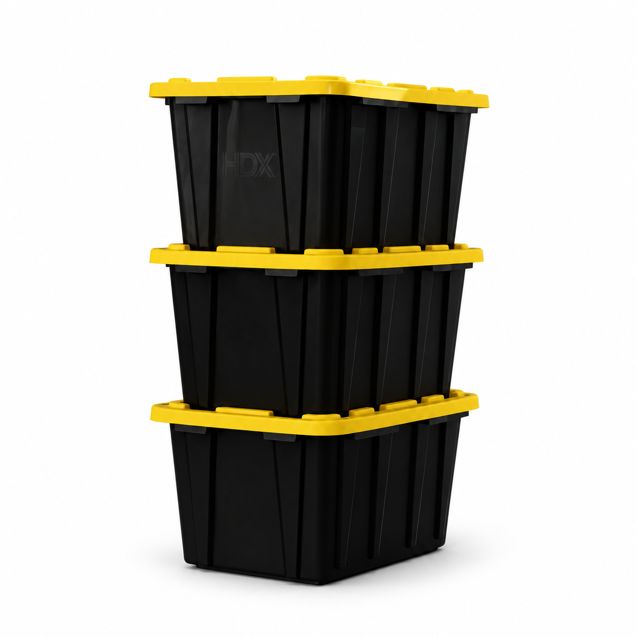 Three reusable 27-gallon moving totes stacked at an angle.